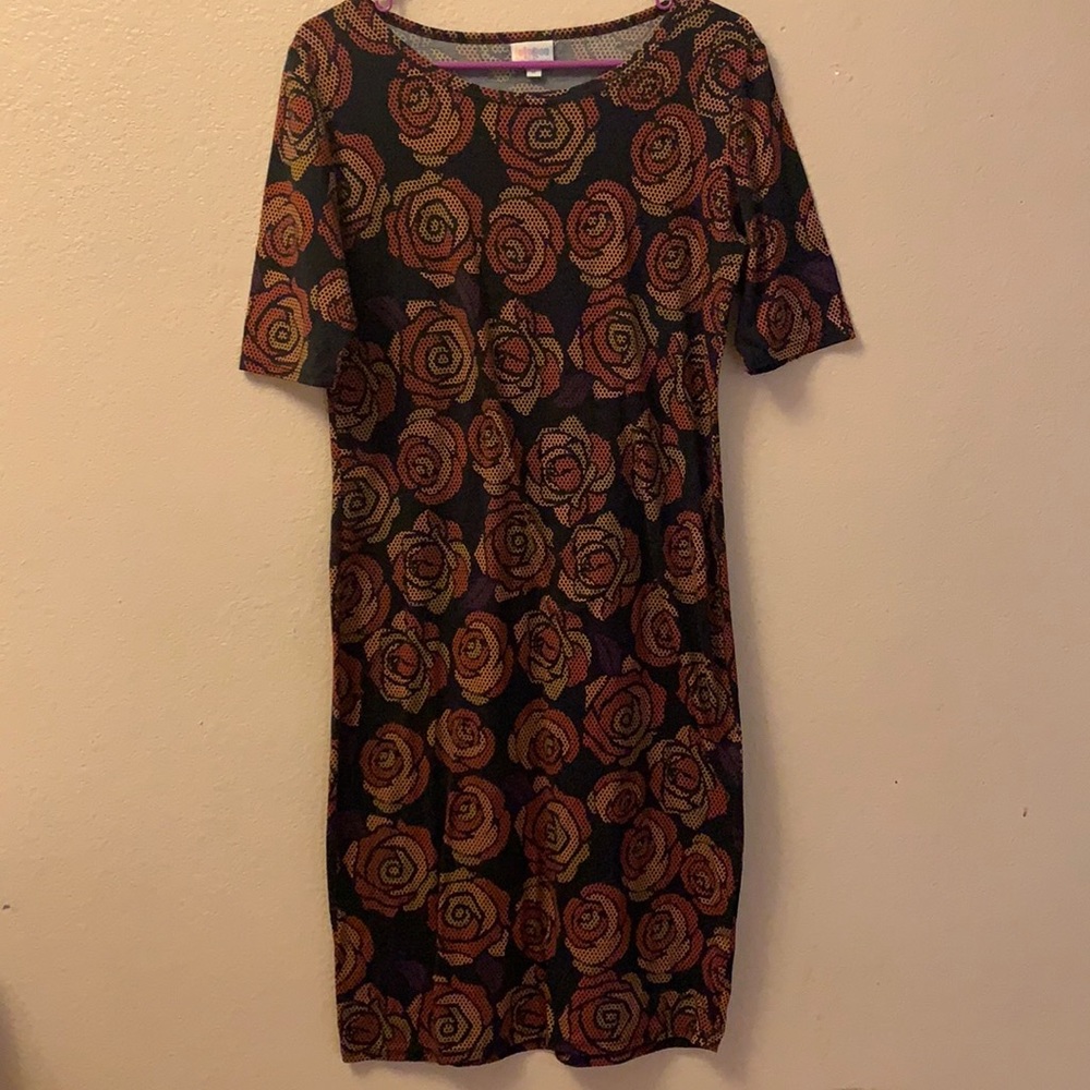 LulaRoe size Medium Rose Print Dress Black Red Burnt Orange
